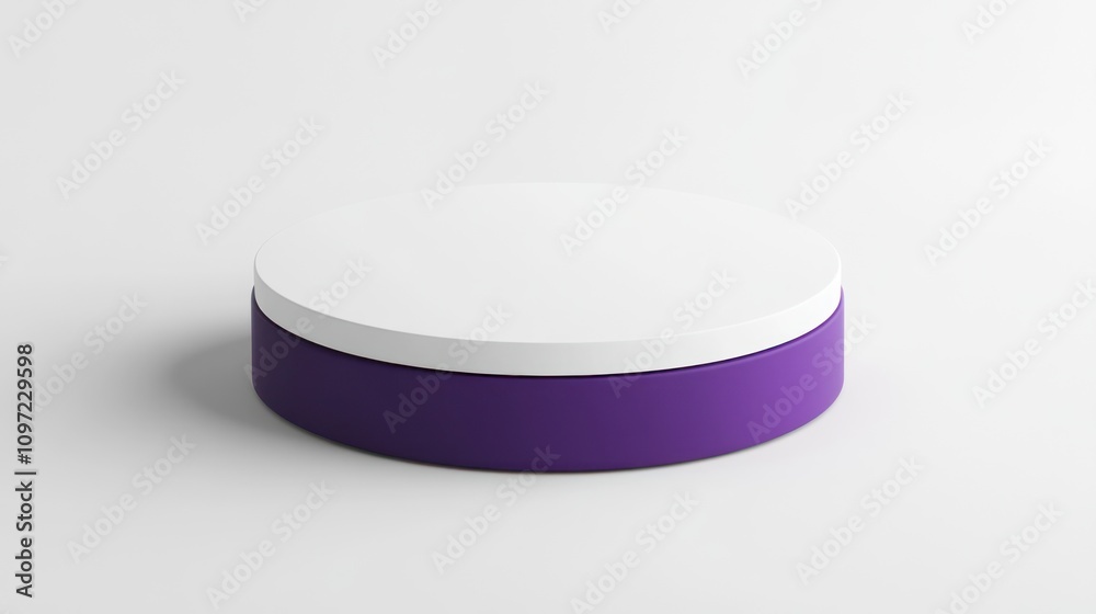 Poster A minimalistic round display podium with a white top and purple base.