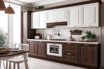 Chic kitchen featuring light and dark furnishings in a contemporary apartment