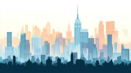 Obraz premium A stylized cityscape at sunrise showing many tall buildings