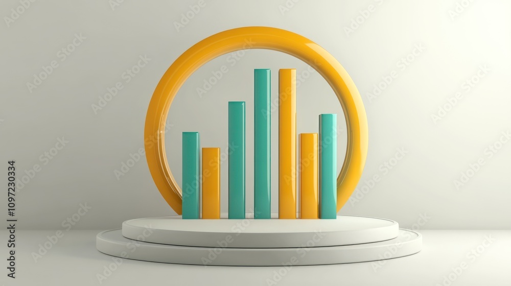 Poster A modern display of colorful bar graphs within a circular frame on a pedestal.