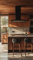 Modern furnished wooden kitchen interior -