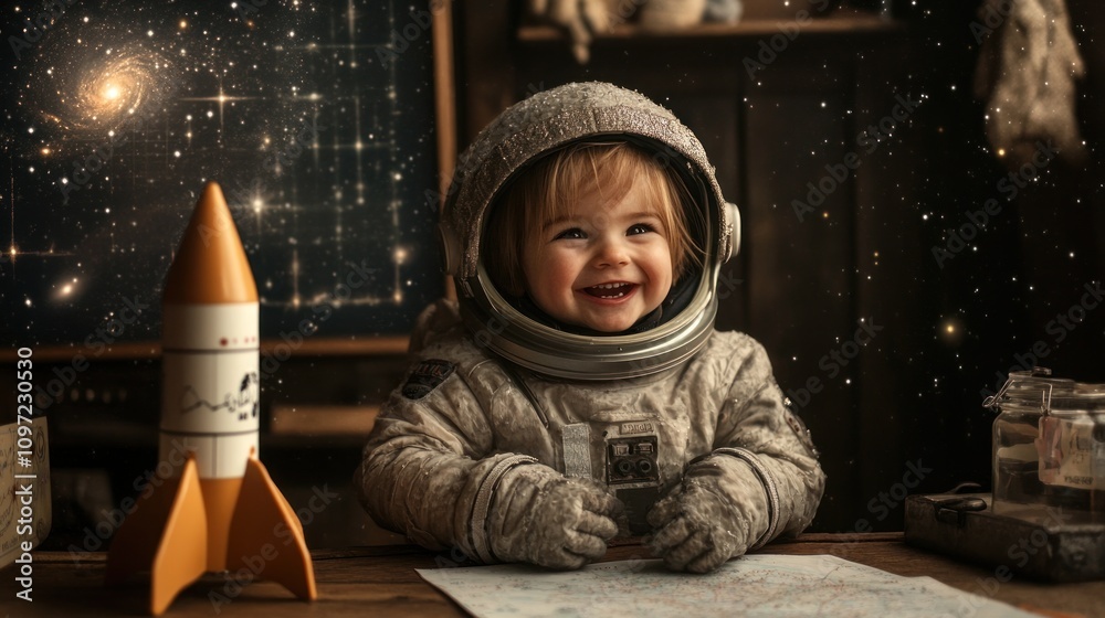 Aufkleber a joyful child in a space suit, surrounded by a rocket and cosmic backdrop.