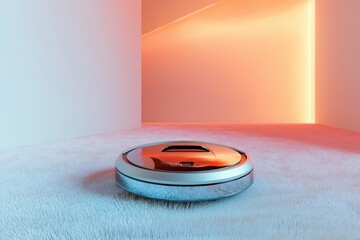 Contemporary robotic vacuum on plush carpet indoors