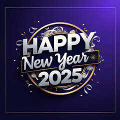 Obraz premium A vibrant, modern logo for Happy New Year 2025, featuring bold, silver fonts, gradient effect, set against dark blue or purple background that evokes luxury and celebration, Generated With AI Image.