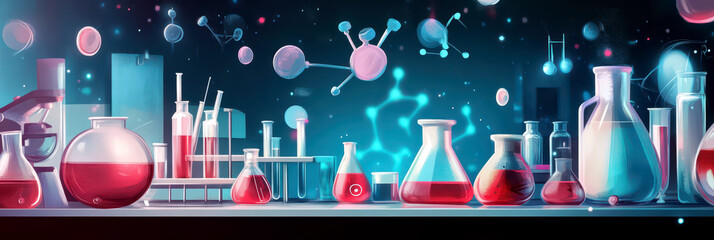 Celebration of World science day with laboratory experiments and molecular discoveries. Horizontal banner. Free space for text. World youth skills day. Flasks, beakers, test tubes on blue background.