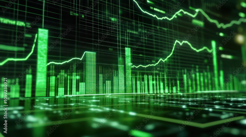 Poster A digital representation of financial data with green graphs and charts.