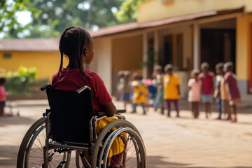 Inclusive playground experience for children with disabilities promoting friendship and equality. Girl in a wheelchair in the school with children. Inclusivity concept. World Disability day