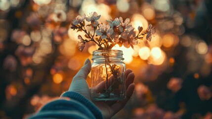 Hand Holding a Jar with Blossom Flowers Against a Sunset Background