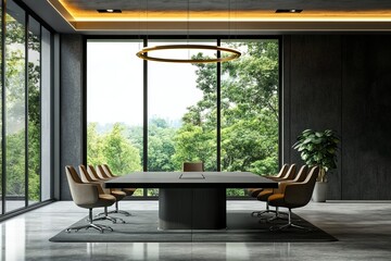 modern office boardroom interior with conference table and big window 
