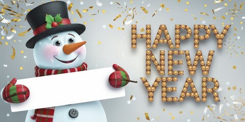 3D Snowman with Blank Banner, Gold Confetti Holiday Background, Festive New Year Mockup