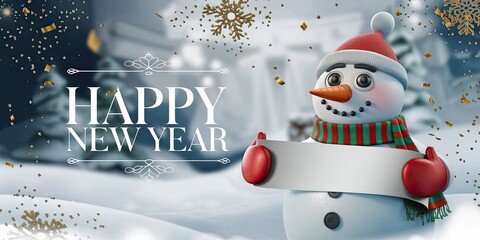 3D Snowman with Blank Banner, Gold Confetti Holiday Background, Festive New Year Mockup