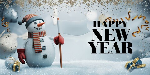 3D Snowman with Blank Banner, Gold Confetti Holiday Background, Festive New Year Mockup