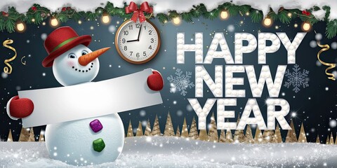 3D Snowman with Blank Banner, Gold Confetti Holiday Background, Festive New Year Mockup