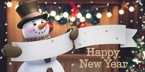 3D Snowman with Blank Banner, Gold Confetti Holiday Background, Festive New Year Mockup