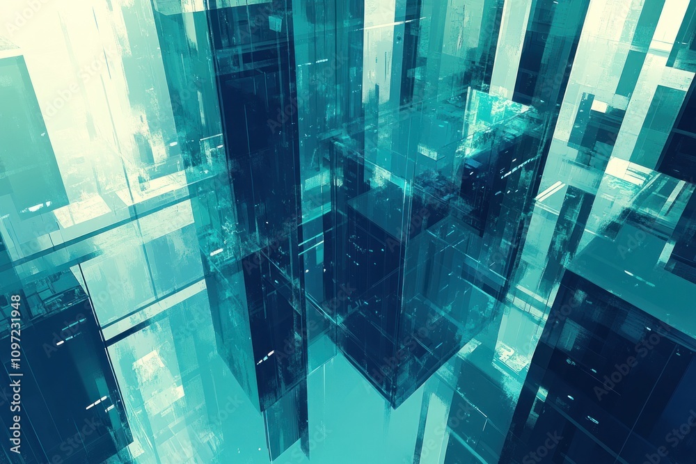 Poster abstract digital landscape with transparent structures and geometric shapes.