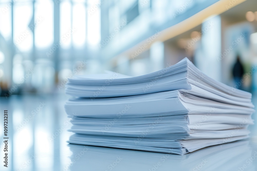 Poster a stack of neatly arranged papers in a modern office environment.