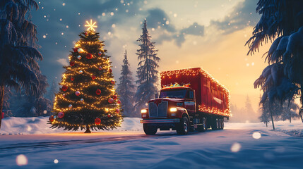 Merry Christmas tree transporter bringing gifts to all the sweethearts on Christmas evening