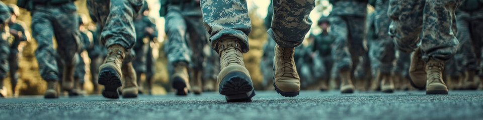 A formation of National Guard soldiers, wearing combat boots and green berets, marching in step.