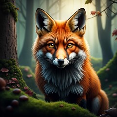 Obraz premium red fox crouching in the woods 