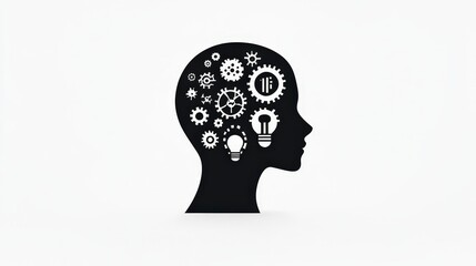 Silhouette of Head with Gears and Bulbs Depicting Creative Thinking