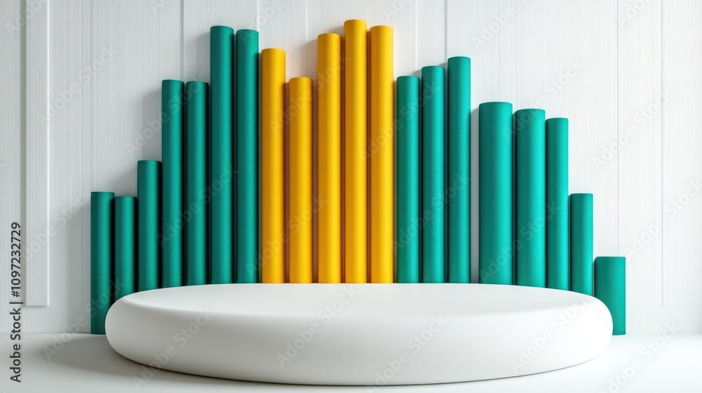Poster a minimalist display featuring colorful cylindrical shapes against a white backdrop.