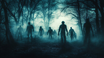 Eerie and spooky atmosphere created by a group of terrifying undead creatures emerging from the mist in a dark forest at night