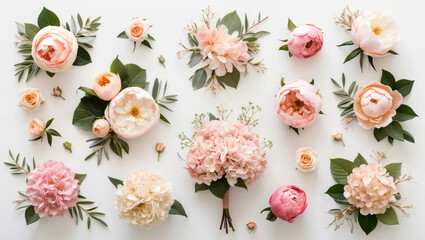 Watercolor floral arrangements with roses peonies and hydrangeas on white background