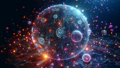 Obraz premium 3D spheres with embedded glowing circuits, floating amidst digital particles in vibrant cosmic glow
