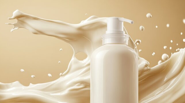 Elegant Creamy Liquid Splash with White Pump Bottle on Beige Background