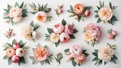 Watercolor floral arrangements with roses peonies and hydrangeas on white background
