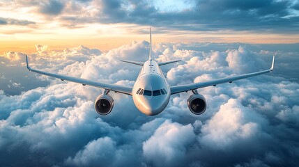airplane flying through the clouds, a stunning blue-tinted sky with clouds. The feeling is optimistic, excitement, joy, adventure