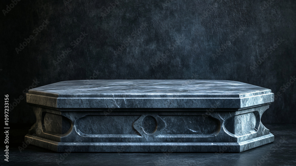 Poster majestic and elegant atmosphere created by an octagonal stone podium against a dark background