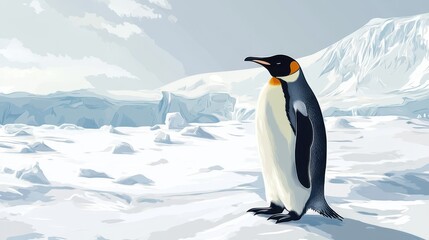 Fototapeta premium Emperor penguin in Antarctic landscape. World penguin day celebration. Horizontal banner. Copy space. World Wildlife Day. Flat illustration