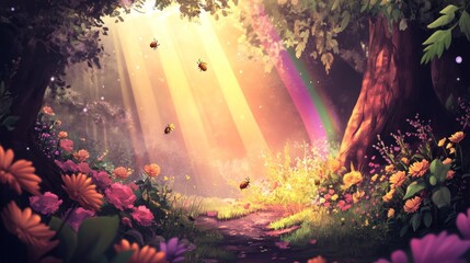 Naklejka premium Magical Forest Path With Sunbeams And Beetles