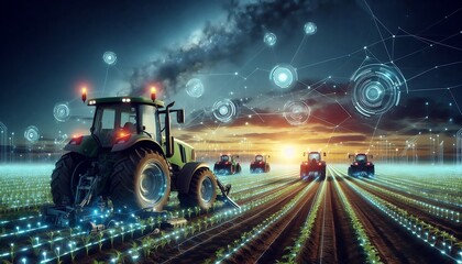 autonomous tractors tending to futuristic field under digital sky