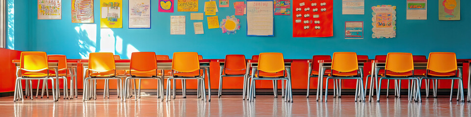 Fototapeta premium Learning Lab: A cheerful classroom, with colorful posters adorning the walls and a row of empty school desks.