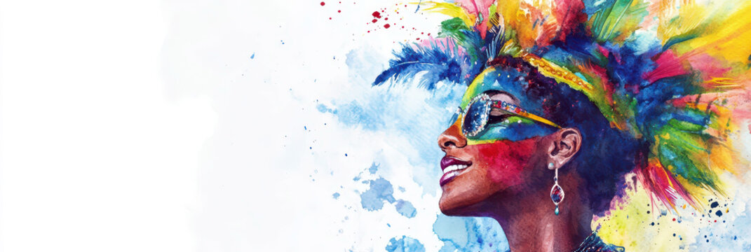 Colorful celebration of Rio de Janeiro carnival with vibrant costume and festive spirit. Horizontal banner. Copy space. Watercolor illustration