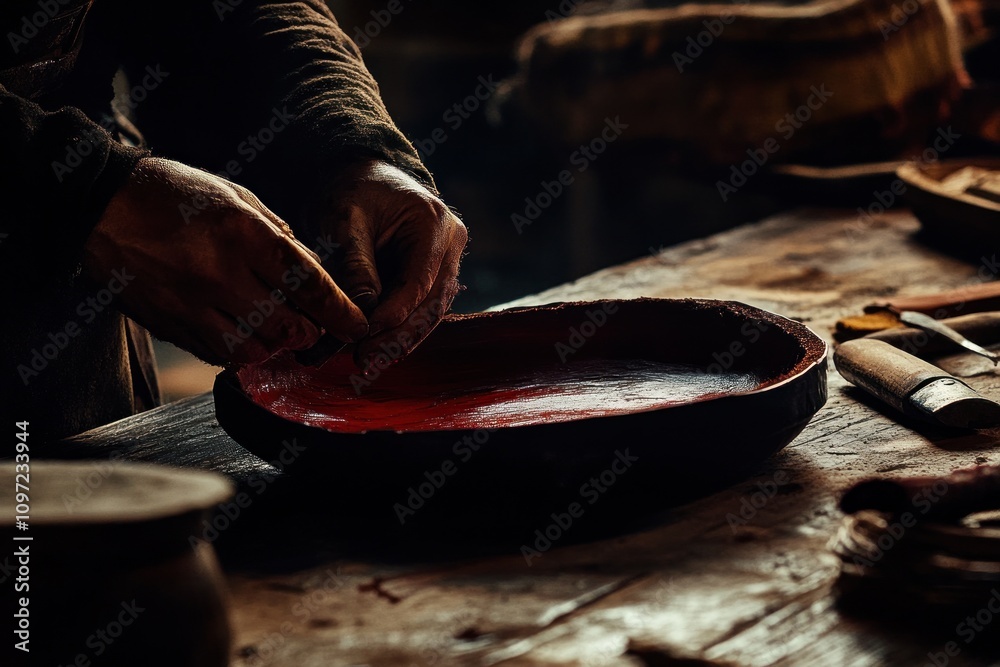 Aufkleber A person shaping a red-painted bowl in a rustic workshop setting.