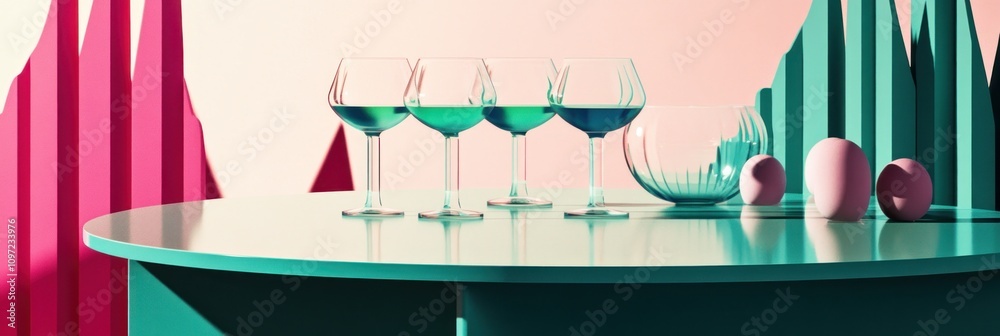Poster a modern still life featuring colorful glasses and decorative elements on a table.