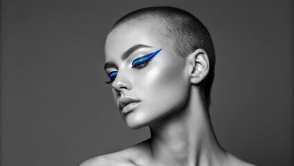 A portrait emphasizing deep blue neon eyeliner that creates a dramatic wing effect with the model sporting a smooth unadorned complexion. The monochrome backdrop enhances the