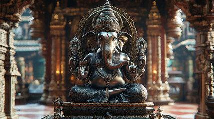 Fototapeta premium Majestic statue of ganesha, the hindu god of wisdom and prosperity, sits in a beautifully ornate temple, radiating spiritual energy