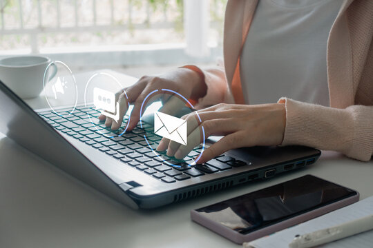 Woman reading blog online on computer, working home concept. social media online content, freelance work, online, content creators, bloggers, blog and information website technology.