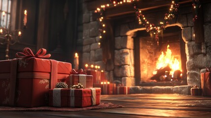 Obraz premium Christmas Gifts by a Cozy Fireplace Setting