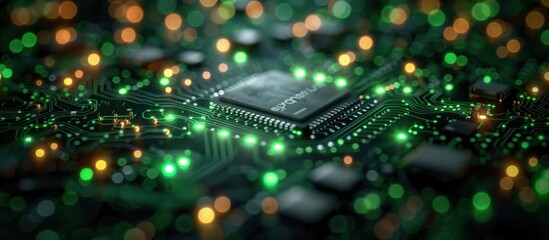 Obraz premium Close-up of a Computer Microchip on a Circuit Board with Glowing Lights