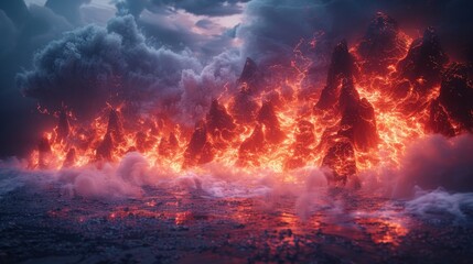 Fiery Mountain Range Emerging from Smoke and Fog