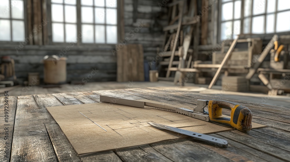 Aufkleber Blueprint and Tools Rest on Rustic Workshop Table