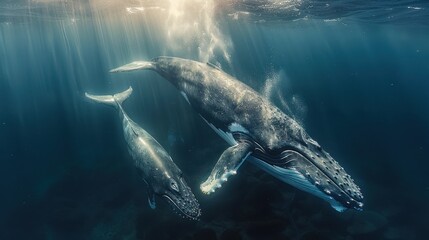 Fototapeta premium Humpback Whales Swimming in Sunbeams