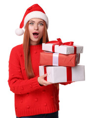 Emotional young woman in red sweater and Santa hat with Christmas gift on white background