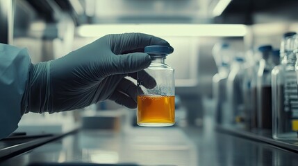 Hand Holding Small Bottle with Orange Liquid in Laboratory Setting