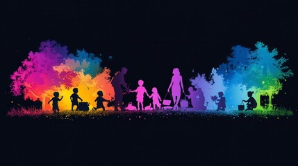 Family Enjoying Colorful Day in the Park Silhouette Art Design